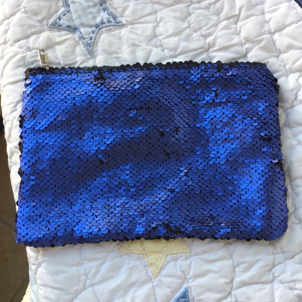 Blue sequined cosmetics or school bag with zipper